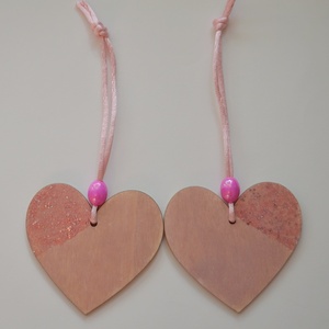 Σετ 2 κρεμαστές ξύλινες καρδιές - ροζ, καρδιά, κορίτσι, κρεμαστά, διακοσμητικά, κρεμαστό διακοσμητικό - 2