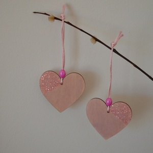 Σετ 2 κρεμαστές ξύλινες καρδιές - ροζ, καρδιά, κορίτσι, κρεμαστά, διακοσμητικά, κρεμαστό διακοσμητικό - 4