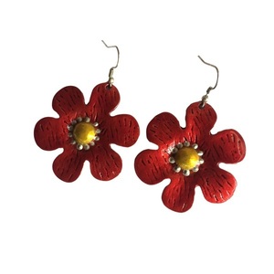 Κόκκινα εντυπωσιακά σκουλαρίκια "Μαργαρίτες" - αλπακάς, λουλούδι, κρεμαστά, μεγάλα