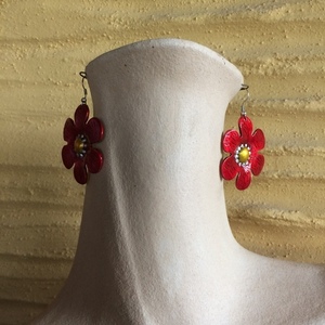Κόκκινα εντυπωσιακά σκουλαρίκια "Μαργαρίτες" - αλπακάς, λουλούδι, κρεμαστά, μεγάλα - 2