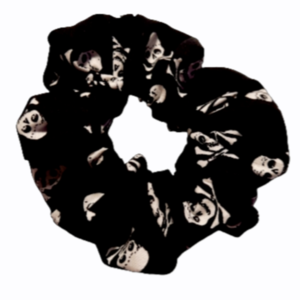 Μαύρο Scrunchie με λευκές νεκροκεφαλές - ύφασμα, halloween, λαστιχάκια μαλλιών