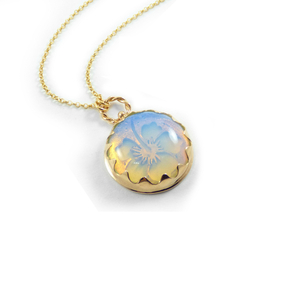 " Opal Hibiscus " - Χειροποίητο επίχρυσο 18Κ Μενταγιόν με Οπαλίνα! - ημιπολύτιμες πέτρες, επιχρυσωμένα, ορείχαλκος, κοντά, λουλούδι