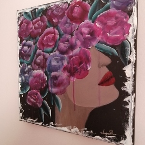 Πίνακας "Floral girl" με ακρυλικά - πίνακες & κάδρα, καμβάς, λουλούδια, πίνακες ζωγραφικής - 2