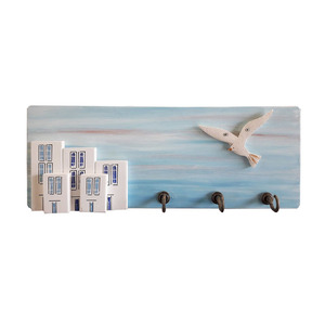 Κρεμάστρα ξύλινη χειροποίητη Νησιώτικη γειτονιά με κεραμικό γλάρο 40x15x6 Γαλάζιο Καπαδάκης - ζωγραφισμένα στο χέρι, διακόσμηση, χειροποίητα, κρεμάστρες, ξύλινα διακοσμητικά τοίχου
