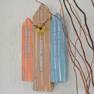 Ρολόι τοίχου ξύλινο χειροποίητο 3 σπίτια 24x40x4 Πολύχρωμο Καπαδάκης - ξύλο, ζωγραφισμένα στο χέρι, διακόσμηση, τοίχου, χειροποίητα - 3
