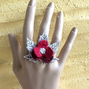 Μεγάλο δαχτυλίδι "Knit Metal" πλατανόφυλλο με λουλούδι - αλπακάς, βελονάκι, λουλούδι, boho, μεγάλα, αυξομειούμενα, φθηνά - 2