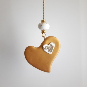 "Golden Heart" Χειροποίητο κολιέ από πηλό - καρδιά, πηλός, χειροποίητα, μακριά, δώρα αγίου βαλεντίνου - 2