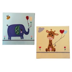 Σετ 2 Παιδικοί Πίνακες 20x20 cm Ελεφαντάκι & Καμηλοπάρδαλη - κορίτσι, αγόρι, δώρα για παιδιά, ζωάκια, παιδικοί πίνακες