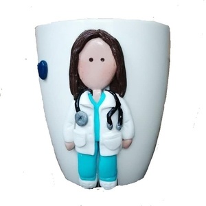 Τρισδιάστατη Χειροποίητη κούπα με πολυμερικό πηλό σχεδιο: Γιατρός / Νοσηλεύτρια - πορσελάνη, κούπες & φλυτζάνια, δώρο για γιατρό, πολυμερικό πηλό