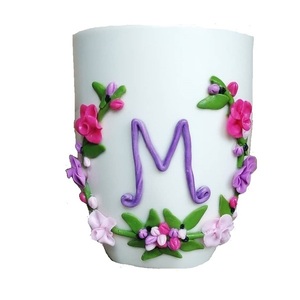 Τρισδιάστατη Χειροποίητη κούπα με πολυμερικό πηλό σχεδιο : Μονόγραμμα με λουλούδια - όνομα - μονόγραμμα, πορσελάνη, κούπες & φλυτζάνια, δώρα για γυναίκες, πολυμερικό πηλό