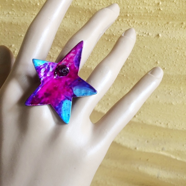 Χρωματισμένο Δαχτυλίδι "Αστέρι" - αλπακάς, αστέρι, μεγάλα, αυξομειούμενα, φθηνά - 4