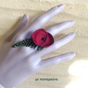 Χρωματισμένο δαχτυλίδι "Φύλλο με λουλούδι" - δέρμα, ορείχαλκος, λουλούδι, μεγάλα, αυξομειούμενα, φθηνά - 3