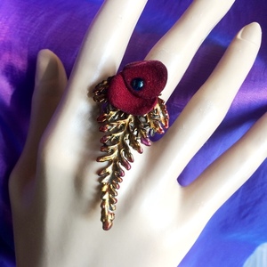 Χρωματισμένο δαχτυλίδι "Φύλλο με λουλούδι" - δέρμα, ορείχαλκος, λουλούδι, μεγάλα, αυξομειούμενα, φθηνά - 5