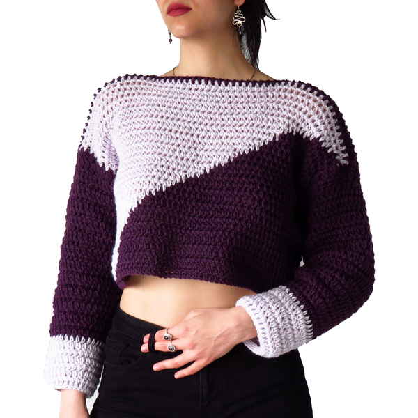 Πλεκτό χειροποίητο κροπ πουλόβερ με λιλά και μωβ - ακρυλικό, μακρυμάνικες