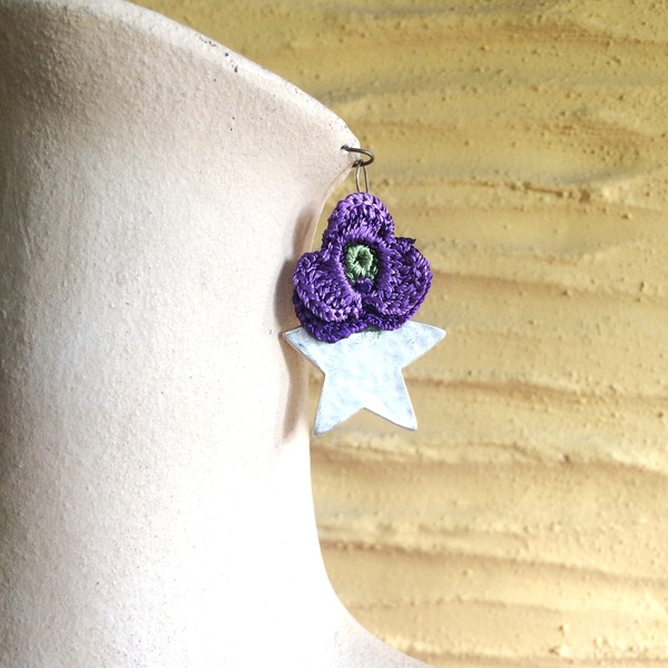 Σκουλαρίκια "Knit Metal Αστέρι με πανσέ" - επάργυρα, λουλούδι, κρεμαστά, μεγάλα, πλεκτά - 4