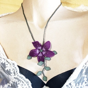 Kολιέ φριβολιτέ "Purple Daizy " - ύφασμα, κοντά, λουλούδι - 3