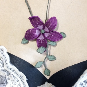 Kολιέ φριβολιτέ "Purple Daizy " - ύφασμα, κοντά, λουλούδι - 4