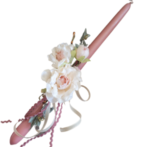 Λαμπάδα dusty pink 39 cm με υφασμάτινα λουλούδια - κορίτσι, λουλούδια, λαμπάδες