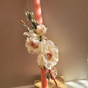 Λαμπάδα dusty pink 39 cm με υφασμάτινα λουλούδια - κορίτσι, λουλούδια, λαμπάδες - 3