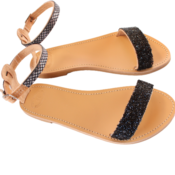 Χειροποίητα γυναικεία σανδάλια με μαύρους λίθους από δέρμα - δέρμα, φλατ, ankle strap - 3