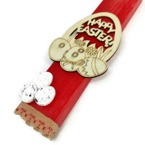 Λαμπάδα πασχαλινή κόκκινη πλακέ 20cm με ξύλινο διακοσμητικό"HAPPY EASTER" - λαμπάδες, για ενήλικες, για εφήβους, πασχαλινά δώρα - 3