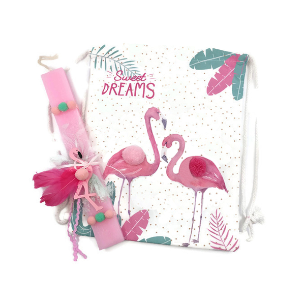 Λαμπάδα φλαμίγκο και τσάντα πλάτης - λαμπάδες, πάσχα, flamingos, για παιδιά, δώρο πάσχα