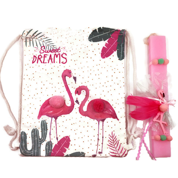 Λαμπάδα φλαμίγκο και τσάντα πλάτης - λαμπάδες, πάσχα, flamingos, για παιδιά, δώρο πάσχα - 2