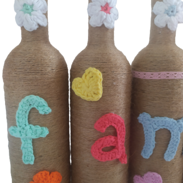 Διακοσμητικά μπουκάλια family - βελονάκι, πρωτότυπα δώρα, διακοσμητικά μπουκάλια - 3