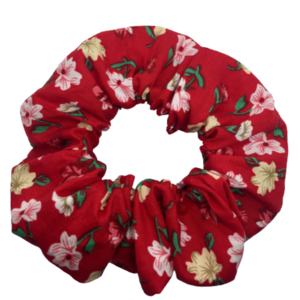 Υφασμάτινο λαστιχάκι scrunchie floral red - ύφασμα, φλοράλ, για τα μαλλιά, δώρα για γυναίκες, λαστιχάκια μαλλιών
