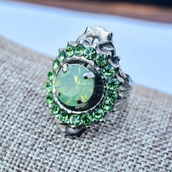 Δαχτυλίδι πράσινο στρας - ασήμι, στρας, μεγάλα, αυξομειούμενα - 2