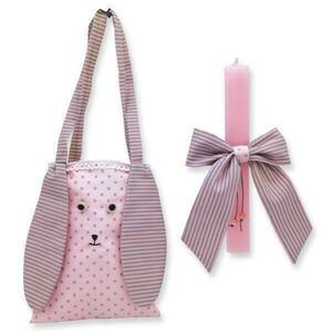 Τσάντα κουνελάκι γκρι-ροζ πουά με ασορτί λαμπάδα - κορίτσι, λαμπάδες, για παιδιά, κουνελάκι