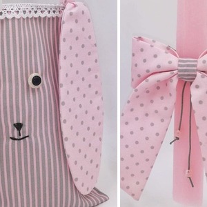 Τσάντα κουνελάκι γκρι-ροζ ριγέ με ασορτί λαμπάδα - κορίτσι, λαμπάδες, για παιδιά, κουνελάκι - 2