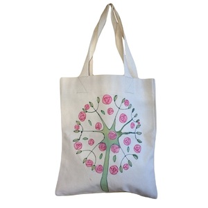 Τσάντα 34*39 εκ. από καραβόπανο ζωγραφισμένη στο χέρι "Rose Tree" - ώμου, μεγάλες, all day, tote, πάνινες τσάντες