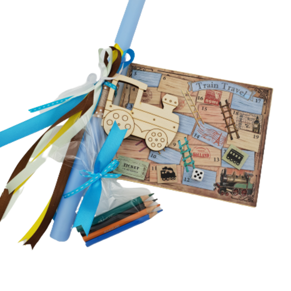 Λαμπαδα τρενάκι με ξυλομπογιές και παιχνίδι | κερί 30cm, ξύλινο με εκτύπωση 15cm - κορίτσι, αγόρι, λαμπάδες - 2