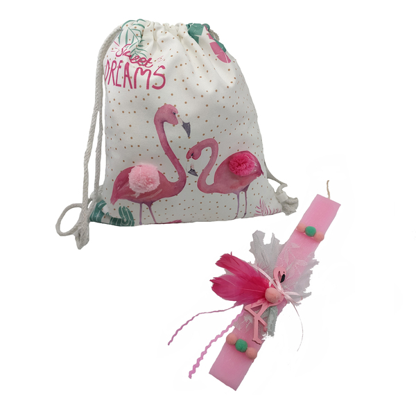 Λαμπάδα φλαμίγκο και τσάντα πλάτης - λαμπάδες, πάσχα, flamingos, για παιδιά, δώρο πάσχα - 3