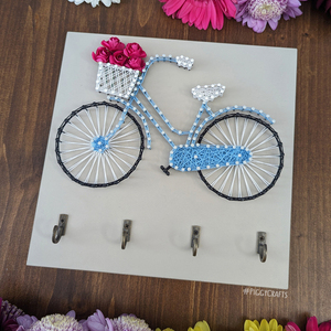 Κλειδοθήκη με καρφιά & κλωστές "Ποδήλατο" 20x20cm - λουλούδια, κλειδί, κλειδοθήκες - 5