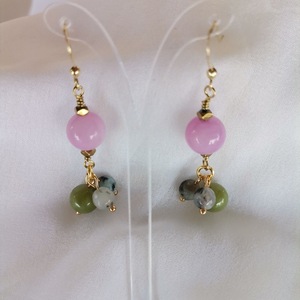 Σκουλαρίκια με ροζ νεφρίτη και πράσινο ίασπι - ασήμι, ημιπολύτιμες πέτρες, επιχρυσωμένα, κρεμαστά - 3
