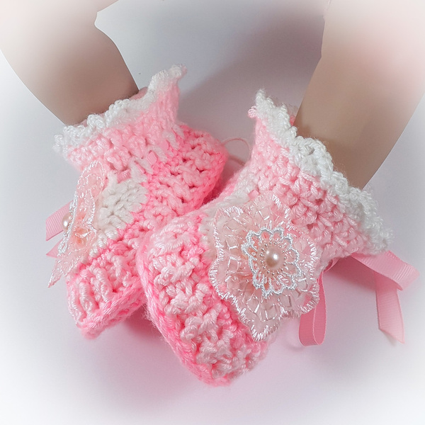Πλεκτά λευκό-ροζ παπουτσάκια για κορίτσια/ 0-12/ Crochet white-pink booties for baby girls - κορίτσι, 0-3 μηνών, βρεφικά ρούχα - 2