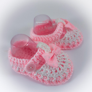 Πλεκτά λευκό-ροζ παπουτσάκια με φιογκάκια για κορίτσια/ 0-12/ Crochet white-pink booties with bows for baby girls - κορίτσι, βρεφικά ρούχα - 3