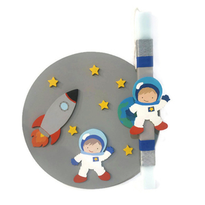 Πασχαλινή Λαμπάδα Αστροναύτης με ξύλινο στοιχείο 11cm και ξύλινο διακοσμητικό κάδρο 27cm - αγόρι, διάστημα, για παιδιά