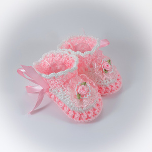 Πλεκτά λευκό-ροζ παπουτσάκια για κορίτσια/ 0-12/ Crochet white-pink booties for babies - κορίτσι, 0-3 μηνών, βρεφικά ρούχα - 3