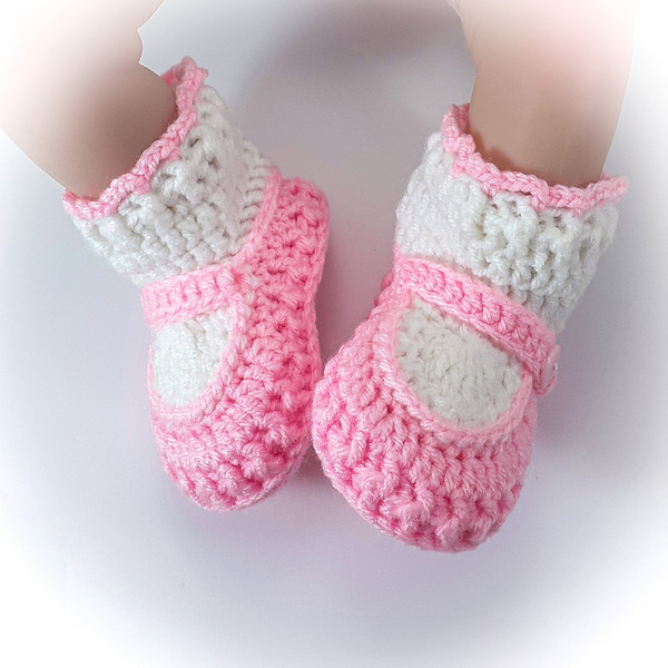 Πλεκτά λευκό-ροζ παπουτσάκια για κορίτσια/ 0-12/ Crochet white-pink booties for girls - κορίτσι, βρεφικά ρούχα - 4