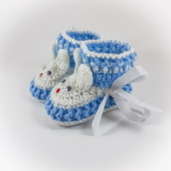 Πλεκτά μπλε-λευκά παπούτσια για μωρά/ κουνελάκια/ 0-12/ Crochet blue-white booties for a babies/ bunnies - αγόρι, βρεφικά ρούχα - 3
