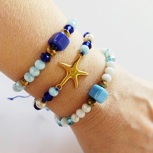 Βραχιόλι με επίχρυσο αστερία, μπλε χάντρες και πέρλες - charms, χάντρες, πέρλες, χεριού, αυξομειούμενα, φθηνά - 2
