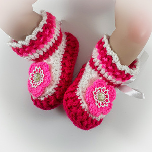 Πλεκτά λευκό-φούξια παπουτσάκια για κορίτσια/ παπούτσια για μωρά με λουλούδια/ 0-12/ Crochet white-pink booties for girls - κορίτσι, 6-9 μηνών, βρεφικά ρούχα - 4