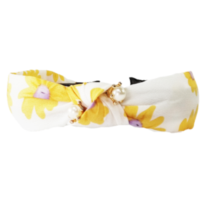 Στέκα άσπρη με κόμπο κίτρινα λουλούδια και πέρλες - ύφασμα, φλοράλ, απαραίτητα καλοκαιρινά αξεσουάρ, πέρλες, στέκες