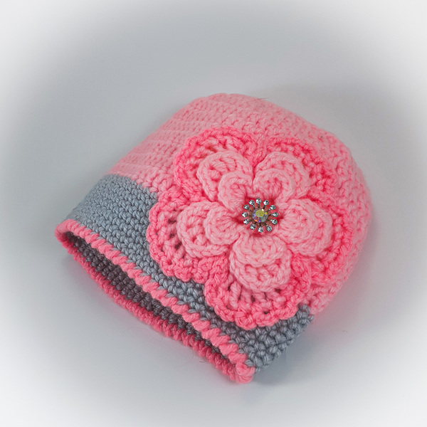 Πλεκτό ροζ-γκρι σκουφάκι για κορίτσια με λουλούδι / σκουφί για μωρό/ 0-5 ετών / Crochet pink&grey hat for a baby girl - κορίτσι, παιδικά ρούχα, βρεφικά ρούχα, 1-2 ετών - 2