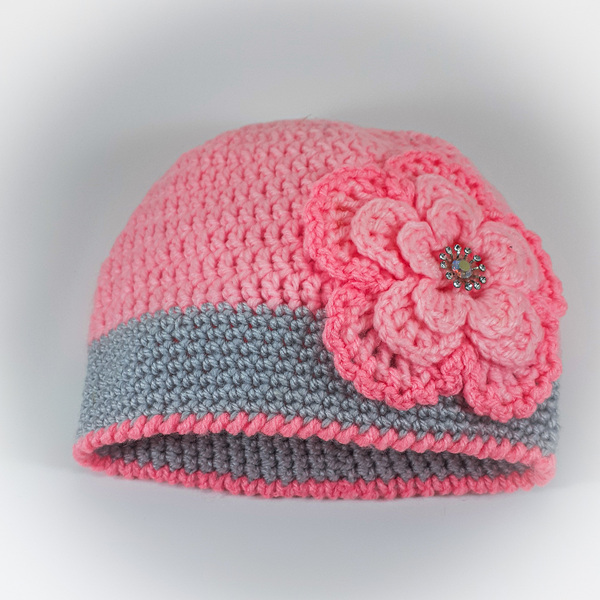 Πλεκτό ροζ-γκρι σκουφάκι για κορίτσια με λουλούδι / σκουφί για μωρό/ 0-5 ετών / Crochet pink&grey hat for a baby girl - κορίτσι, παιδικά ρούχα, βρεφικά ρούχα, 1-2 ετών - 3