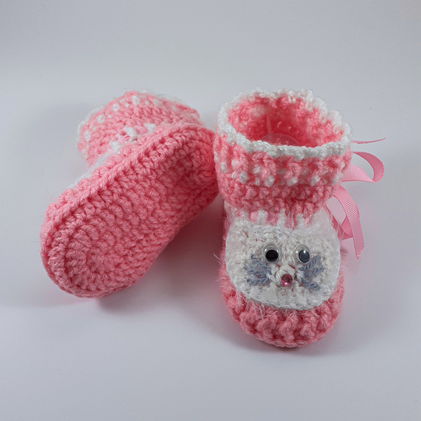Πλεκτό ροζ σετ για κορίτσια/ Γατούλα/ σκουφάκι, παπουτσάκια/ 0-12/ γάτα/Crochet white-pink set for girls / hat, shoes/ cat - κορίτσι, σετ, βρεφικά ρούχα - 3