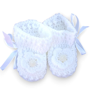 Πλεκτό λευκό σετ για κορίτσια / σκουφάκι, παπουτσάκια / 0-12/ Crochet white set for girls / hat, shoes - κορίτσι, σετ, βρεφικά ρούχα - 3